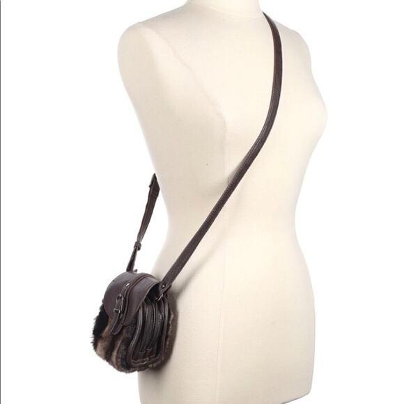 Sondra Roberts Fluffy Fur Bag Mini Leather & Faux Fur Crossbody Bag Brown - Picture 1 of 16